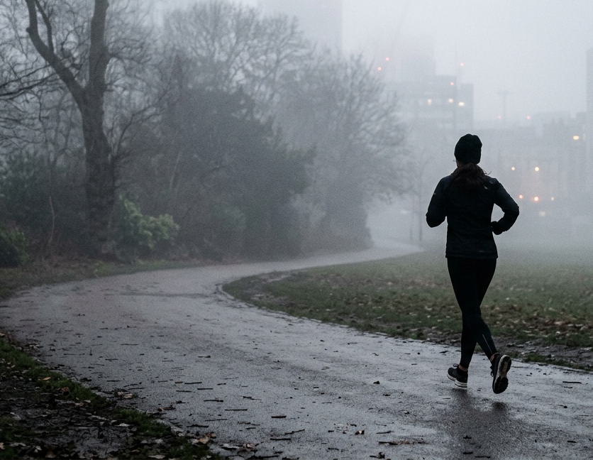 Silhouette di un corridore in una mattina nebbiosa in un parco urbano